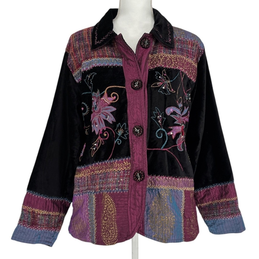 Vintage Flashback Black Velvet Embroidered Patchwork Jacket Womens L Boho